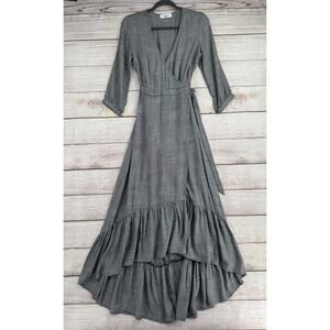 Carly Jean Los Angeles Plaid Wrap Maxi‎ Dress Womens Small Gray Black Side Tie